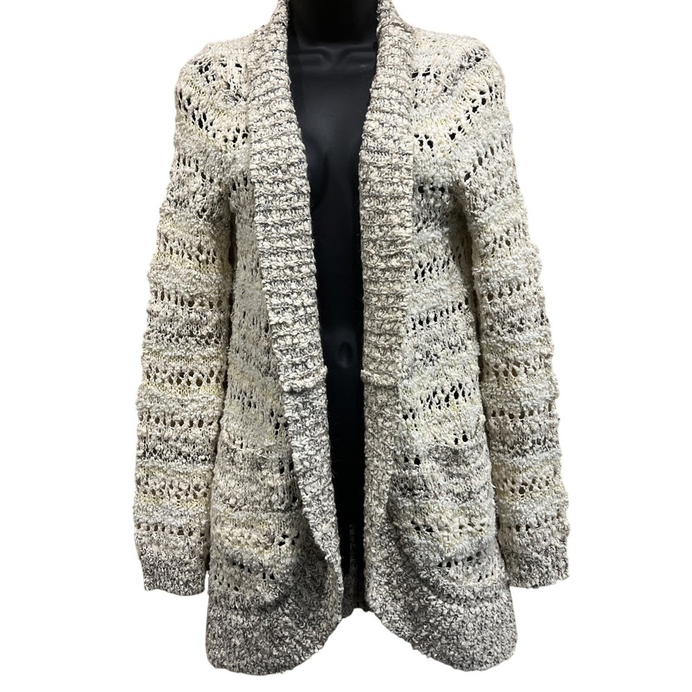 Knitted & Knotted Cardigan Womens Sz S Beige Open Knit Sequin Chunky Shawl Boho